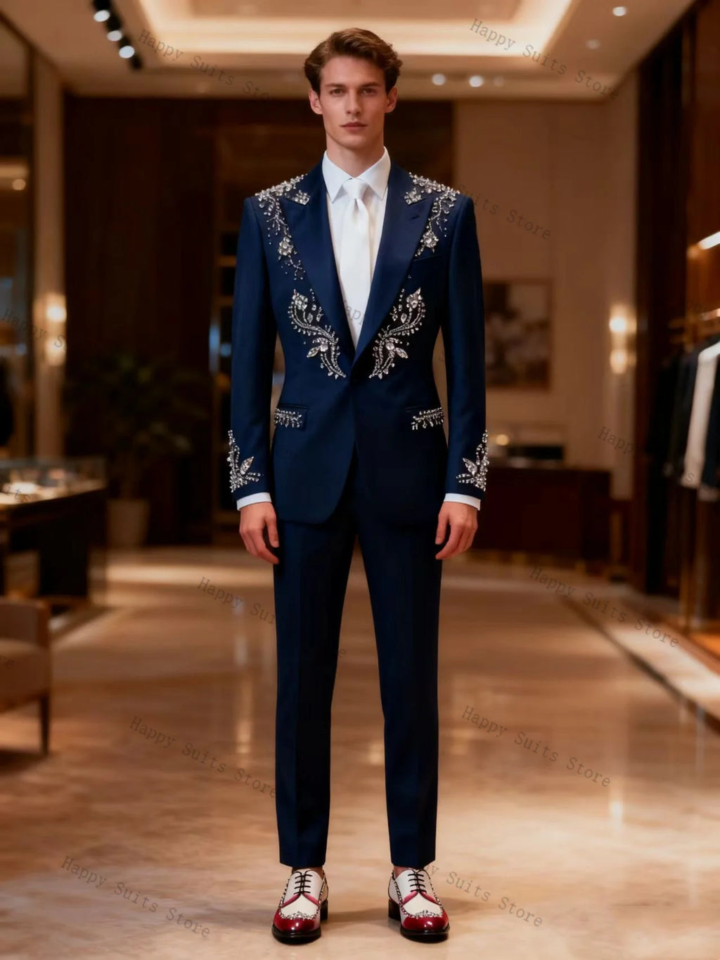 Crystals Blue Men Suit Set 2 Pcs Groom Blazer+Cotton Pants Trousers Formal Office Coat Wedding Tuxedos Customized Jacket Outfit