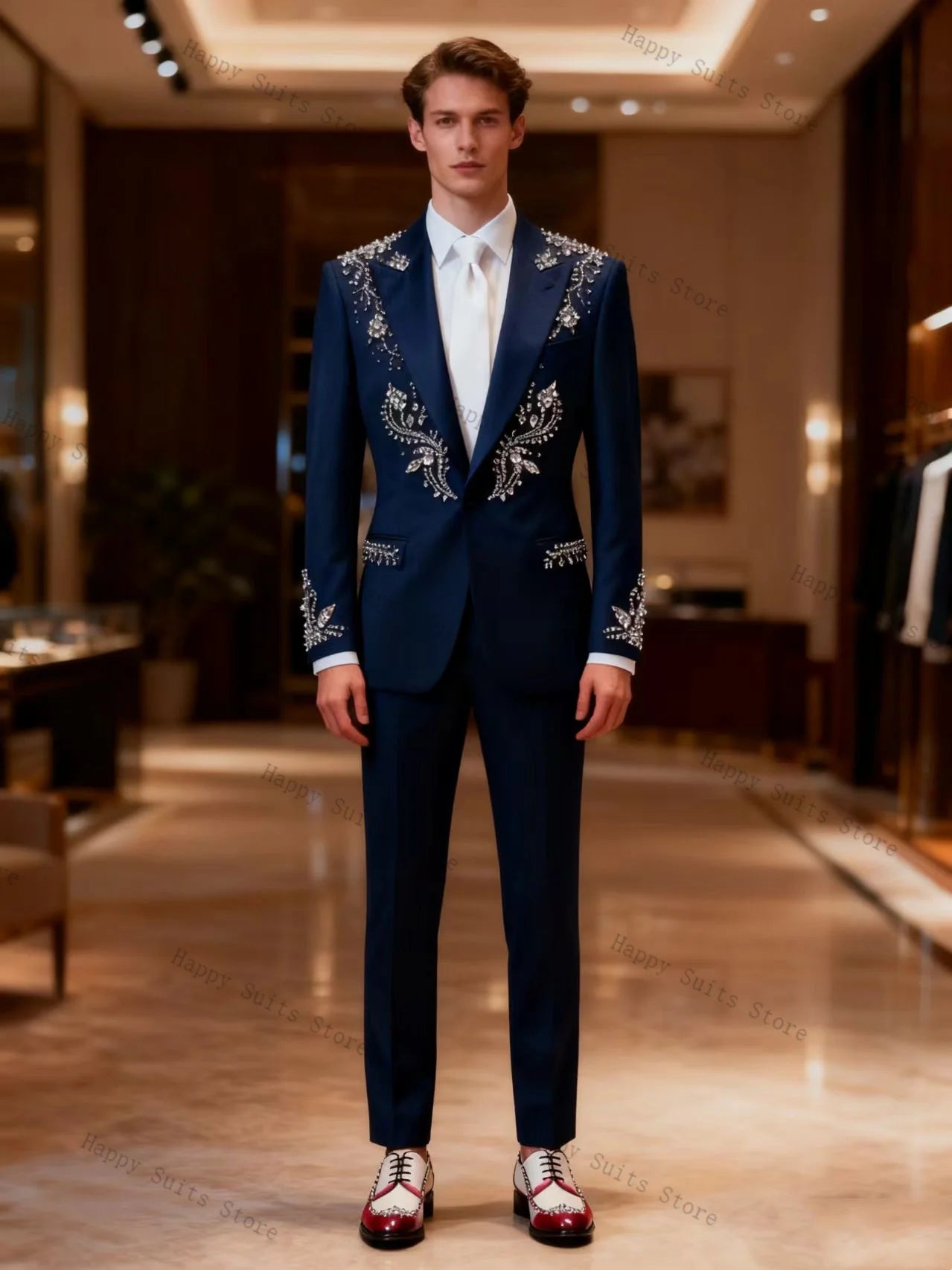 Crystals Blue Men Suit Set 2 Pcs Groom Blazer+Cotton Pants Trousers Formal Office Coat Wedding Tuxedos Customized Jacket Outfit