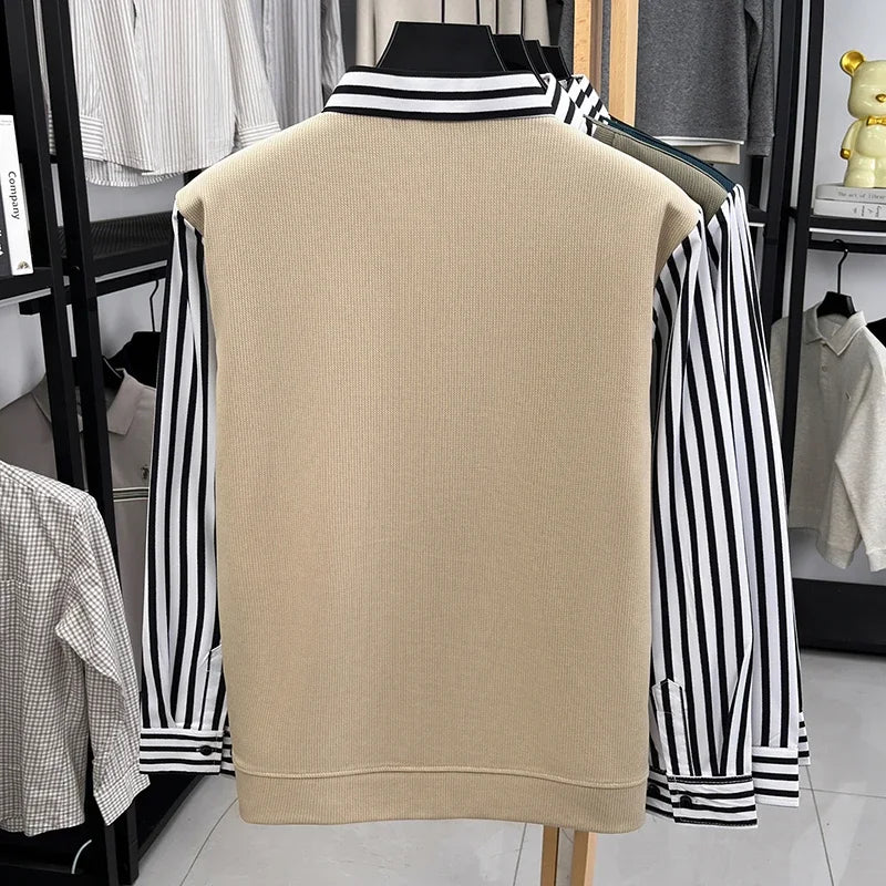 Mens Casual Fake Two Piece Sweater Shirt Striped Collar Long Sleeve V Neck Pullover For Business And Daily