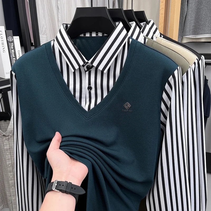 Mens Casual Fake Two Piece Sweater Shirt Striped Collar Long Sleeve V Neck Pullover For Business And Daily