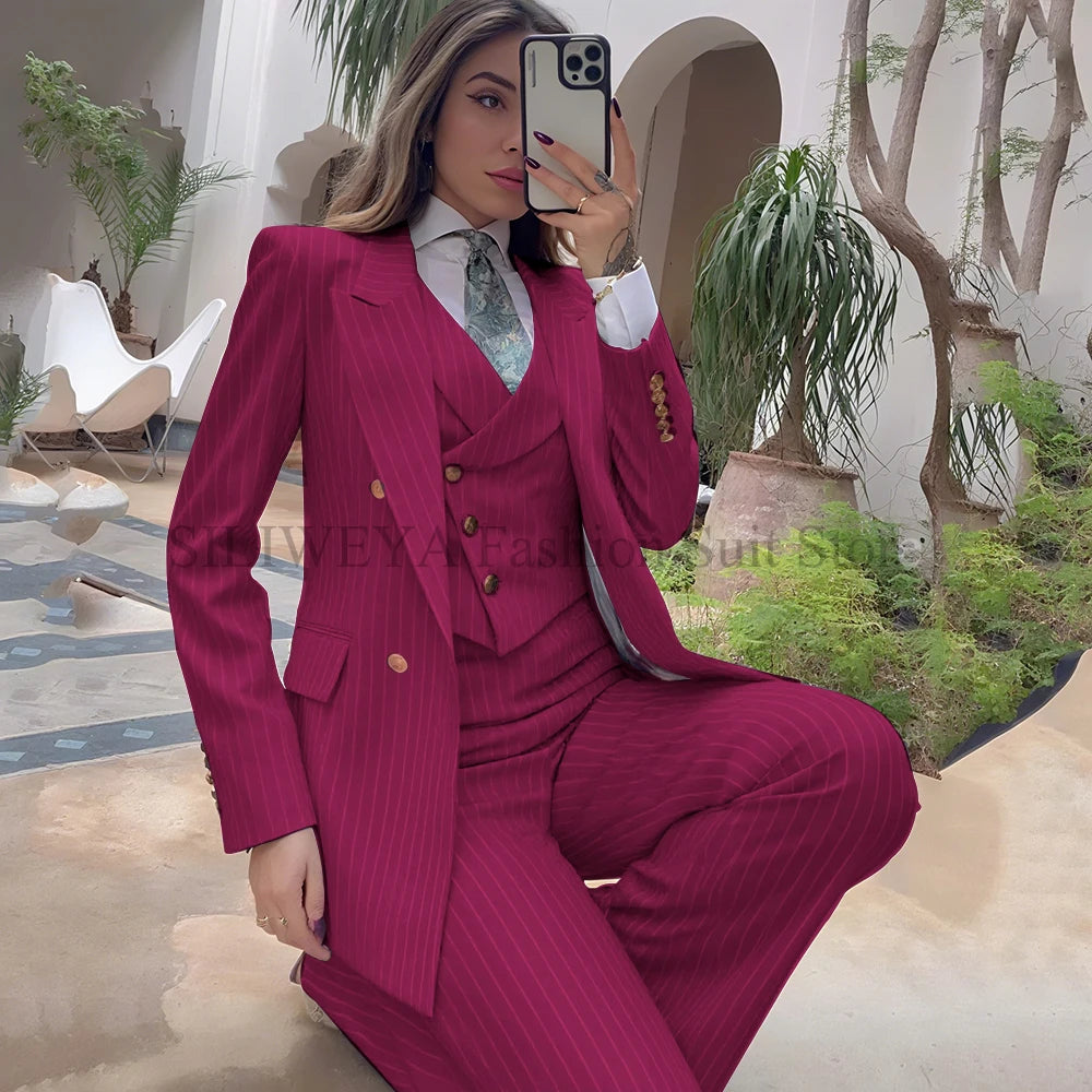 Luxury Navy Blue Striped  Women's Suits Single Breasted 3 Pieces Jacket Pants Vest Female Clothing Office Lady's Blazers Sets