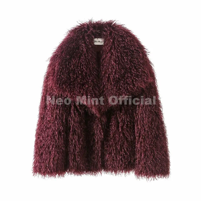 Neo Mint 2025 Winter Lulicore Fashion Brown Faux Fur Coat Women Chic Autumn Warm Fluffy Sheep Fur Jacket Big Fur Collar Overcoat