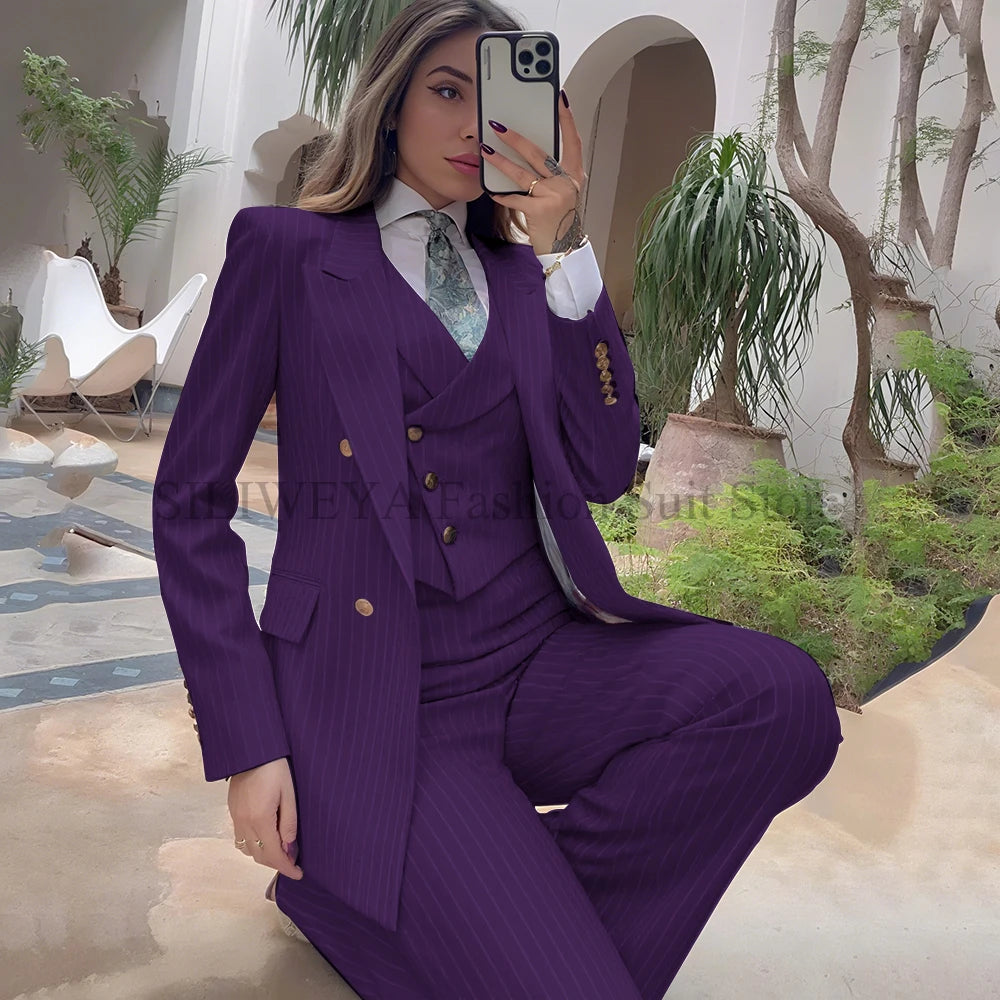 Luxury Navy Blue Striped  Women's Suits Single Breasted 3 Pieces Jacket Pants Vest Female Clothing Office Lady's Blazers Sets