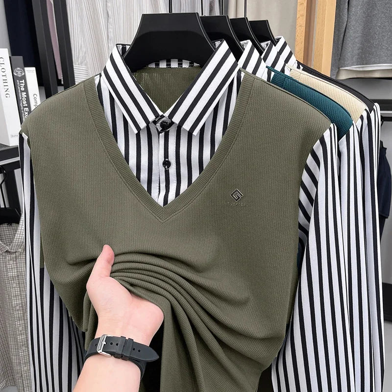 Mens Casual Fake Two Piece Sweater Shirt Striped Collar Long Sleeve V Neck Pullover For Business And Daily