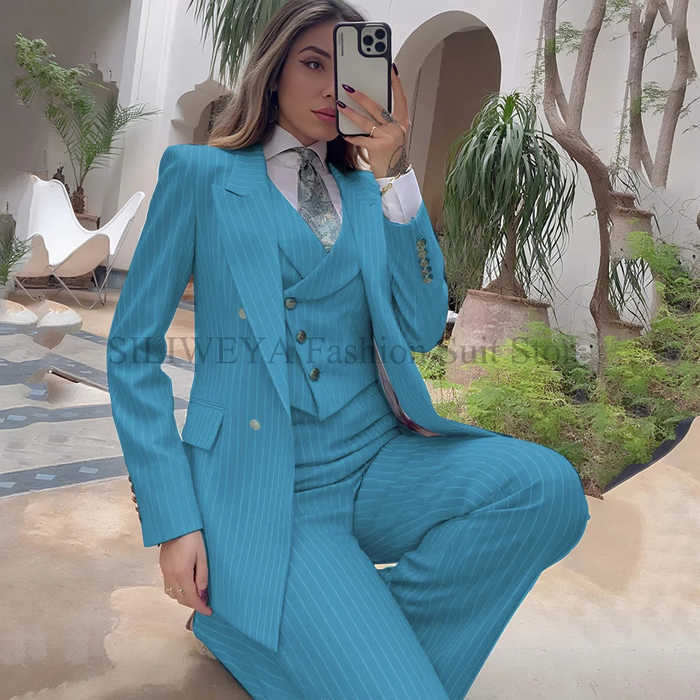 Luxury Navy Blue Striped  Women's Suits Single Breasted 3 Pieces Jacket Pants Vest Female Clothing Office Lady's Blazers Sets