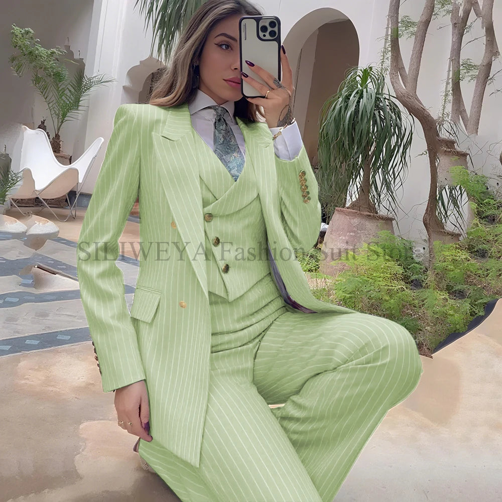 Luxury Navy Blue Striped  Women's Suits Single Breasted 3 Pieces Jacket Pants Vest Female Clothing Office Lady's Blazers Sets
