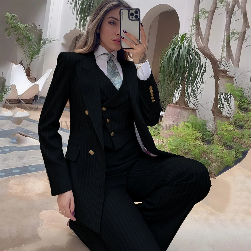 Luxury Navy Blue Striped  Women's Suits Single Breasted 3 Pieces Jacket Pants Vest Female Clothing Office Lady's Blazers Sets