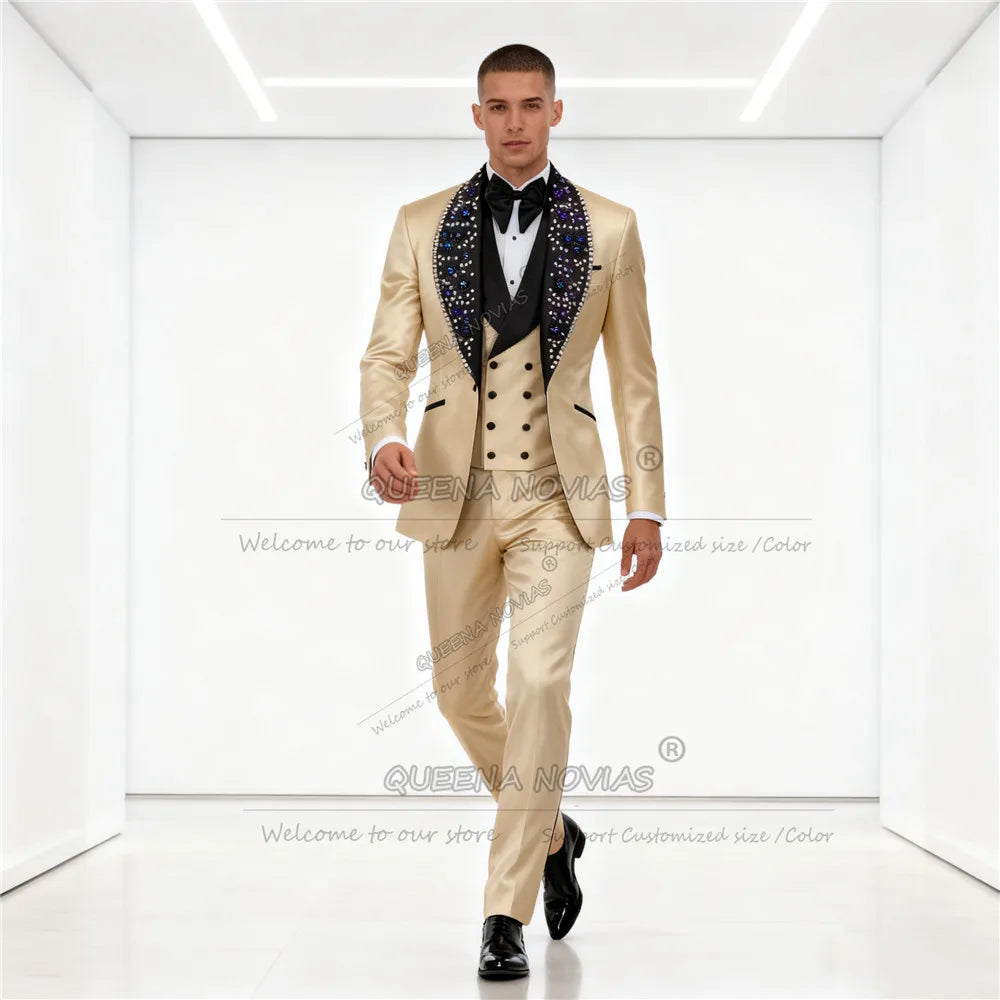 Brilliant Jewelry Stones Groom Tuxedos Suit 3 Pieces Sets Customized Black Shawl Lapel Blazers Man Wedding Attire Outfits 2026