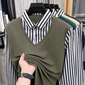 Mens Casual Fake Two Piece Sweater Shirt Striped Collar Long Sleeve V Neck Pullover For Business And Daily