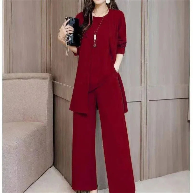 Three-Piece Suit For Women's 2025 New Long Windbreaker Cardigan Spring Autumn Temperament Female 3 PCS Vest Pant Sets Elegant