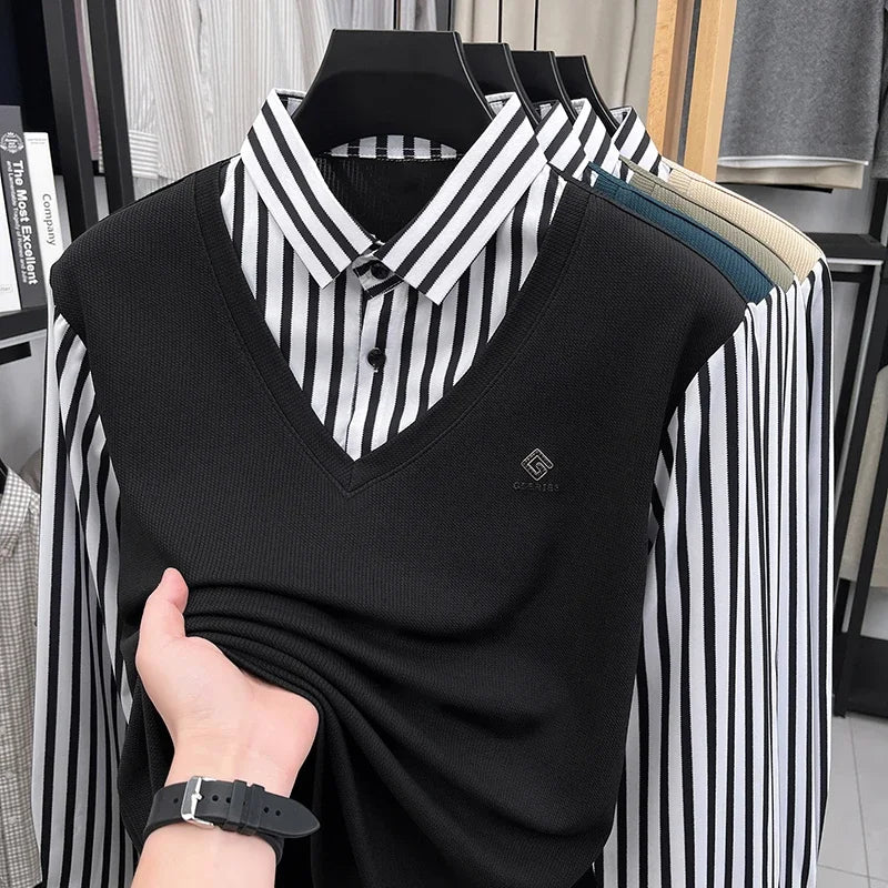 Mens Casual Fake Two Piece Sweater Shirt Striped Collar Long Sleeve V Neck Pullover For Business And Daily