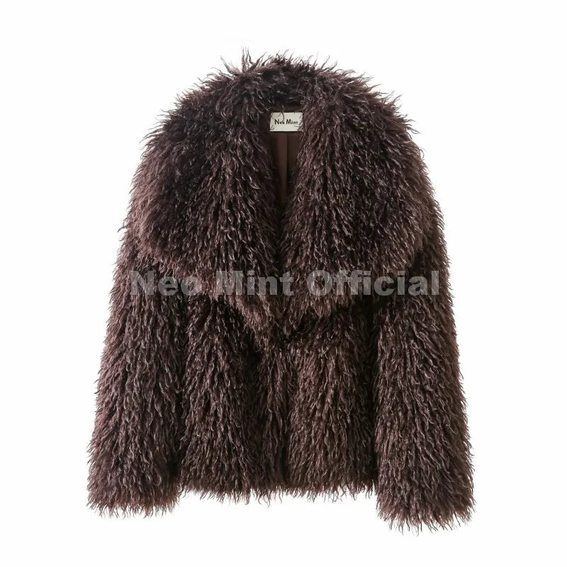 Neo Mint 2025 Winter Lulicore Fashion Brown Faux Fur Coat Women Chic Autumn Warm Fluffy Sheep Fur Jacket Big Fur Collar Overcoat