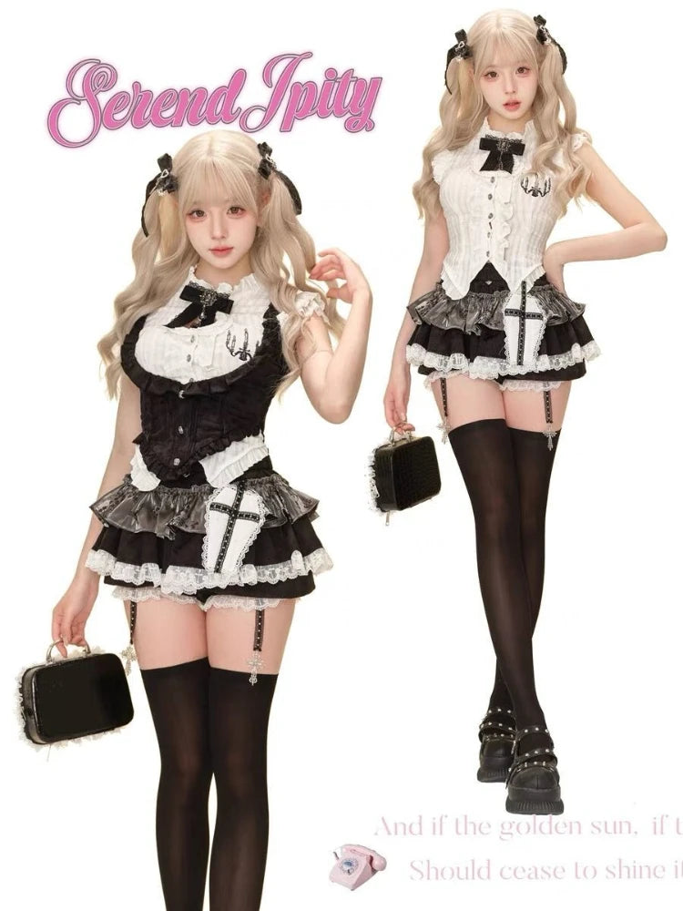 Aesthetic Y2k Lace Skinny 3-piece Set Women Gothic Chic Slash Neck Sling Long Sleeve Cardigan + High Waist Plaid Skirt Suit New