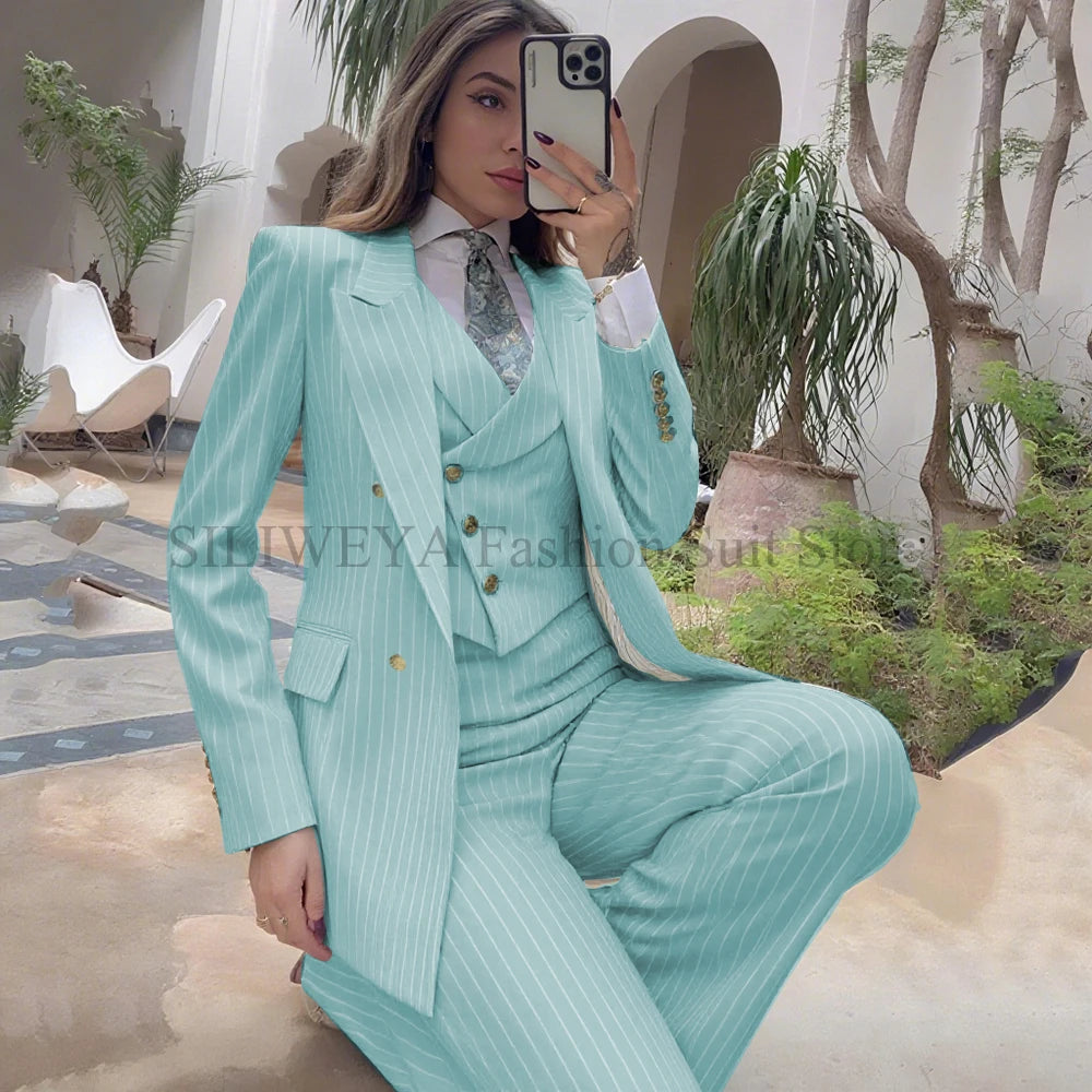 Luxury Navy Blue Striped  Women's Suits Single Breasted 3 Pieces Jacket Pants Vest Female Clothing Office Lady's Blazers Sets