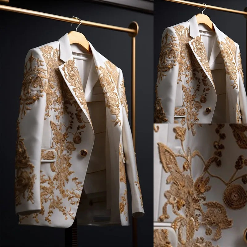 White Men Suit Set 2 Piece Appliqued Blazer+Pants Trouser Customized Cotton Formal Office Jacket Prom Wedding Tuxedo Coat Outfit