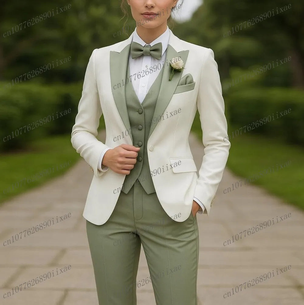 White And Mint Green Women Suits Lady Business Office Tuxedos Mother Wedding Party Formal Ladies 3 Piece Set Jacket Vest Pants