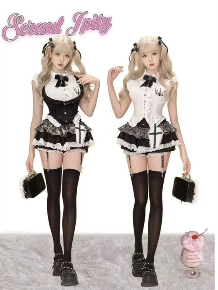Aesthetic Y2k Lace Skinny 3-piece Set Women Gothic Chic Slash Neck Sling Long Sleeve Cardigan + High Waist Plaid Skirt Suit New
