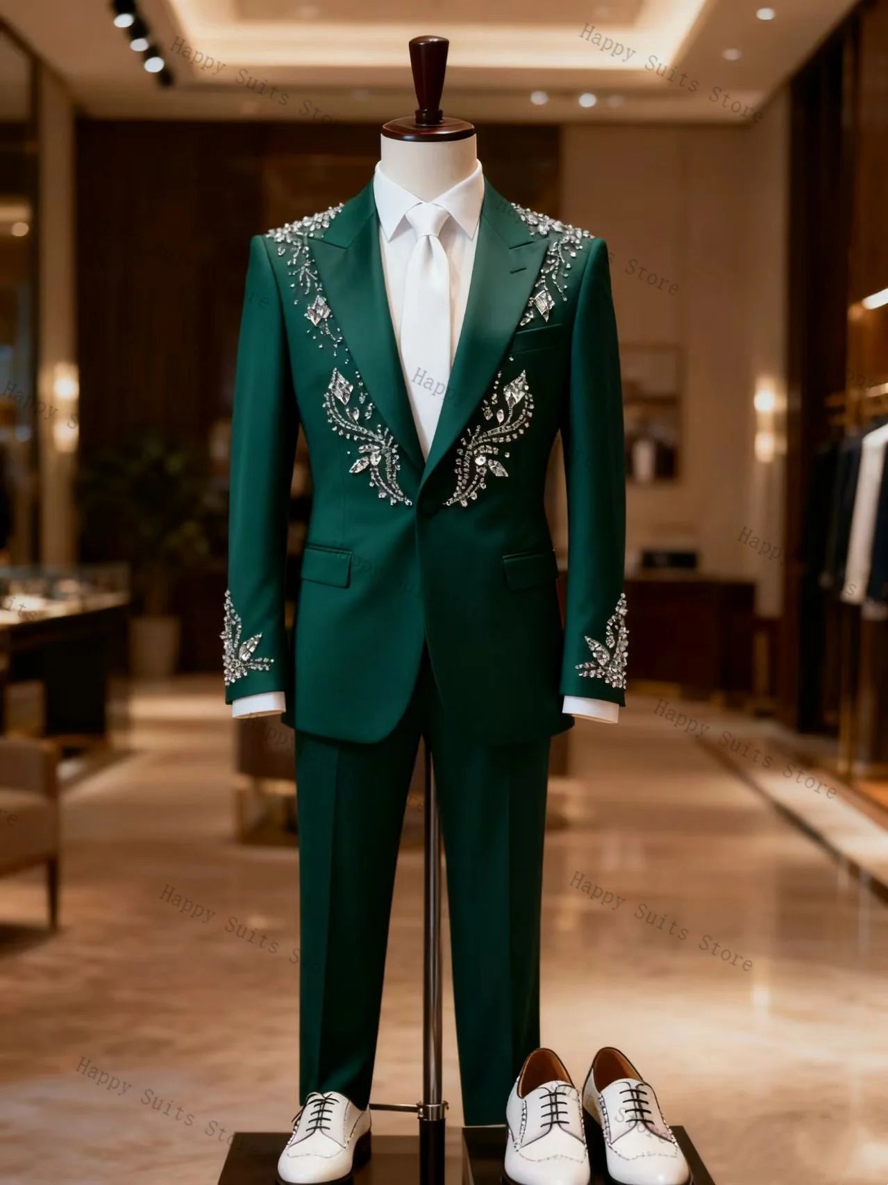 Crystals Blue Men Suit Set 2 Pcs Groom Blazer+Cotton Pants Trousers Formal Office Coat Wedding Tuxedos Customized Jacket Outfit
