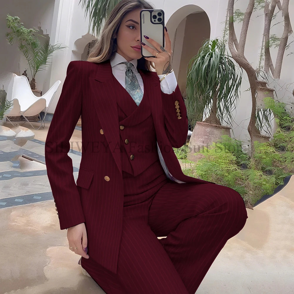 Luxury Navy Blue Striped  Women's Suits Single Breasted 3 Pieces Jacket Pants Vest Female Clothing Office Lady's Blazers Sets