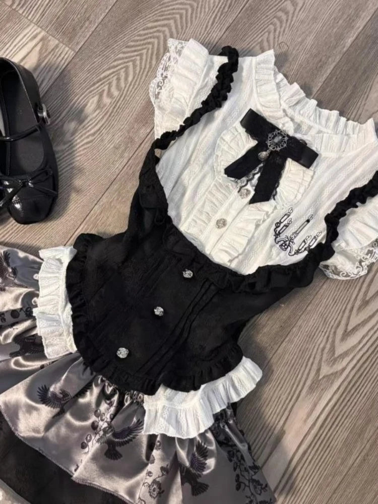 Aesthetic Y2k Lace Skinny 3-piece Set Women Gothic Chic Slash Neck Sling Long Sleeve Cardigan + High Waist Plaid Skirt Suit New