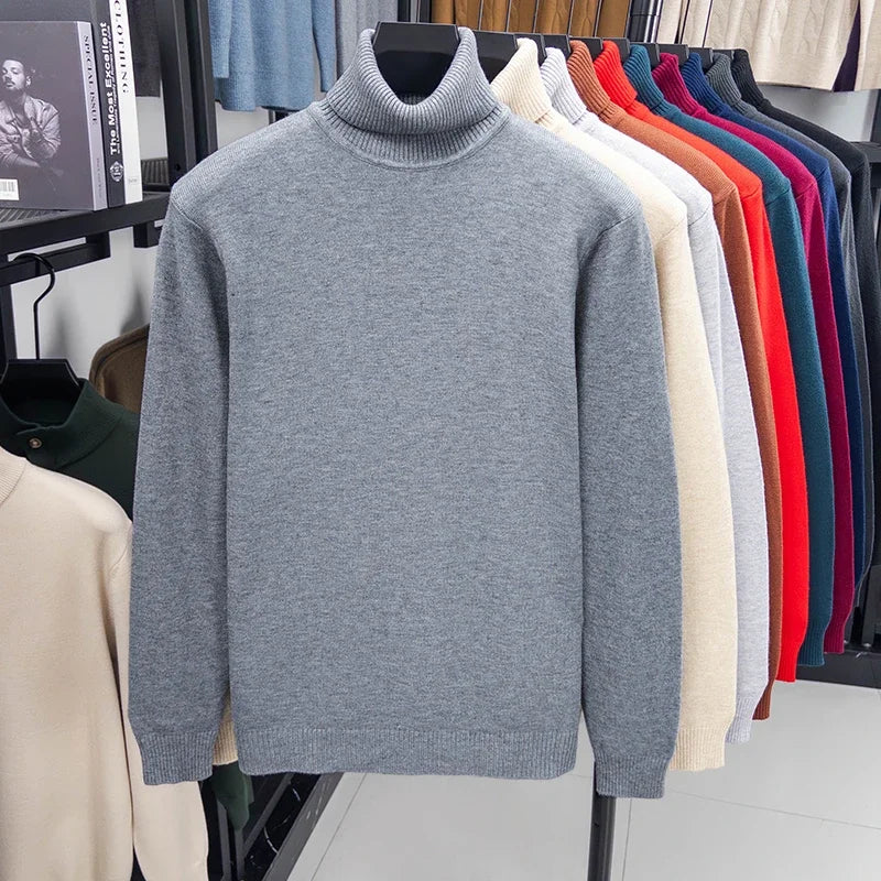 Autumn Mens High Quality Knitted Turtleneck Sweater Slim Fit Long Sleeve Anti-pilling Pullover Solid Color Trend Men Streetwea