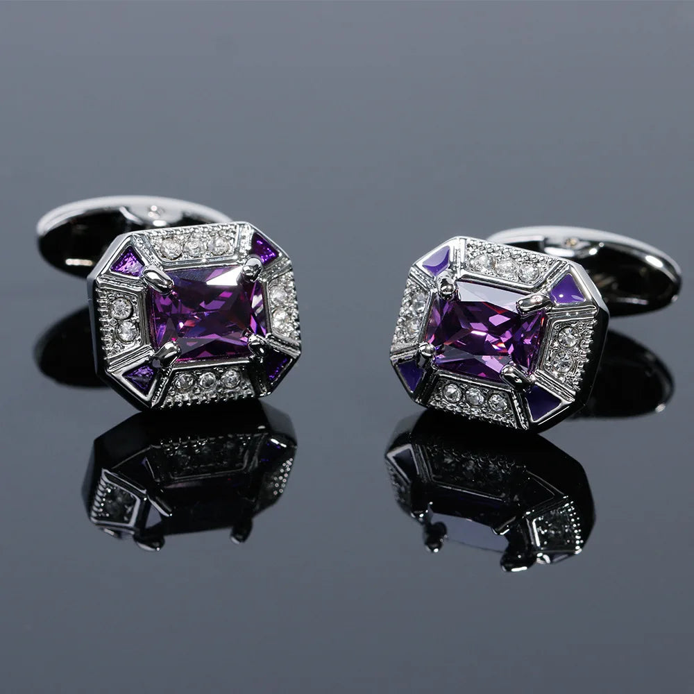 Fashion Men's Cufflinks Light Luxury Set with Amethyst Crystal Shirt Sleeve Button Studs Wedding Business Party Clothing Jewelry