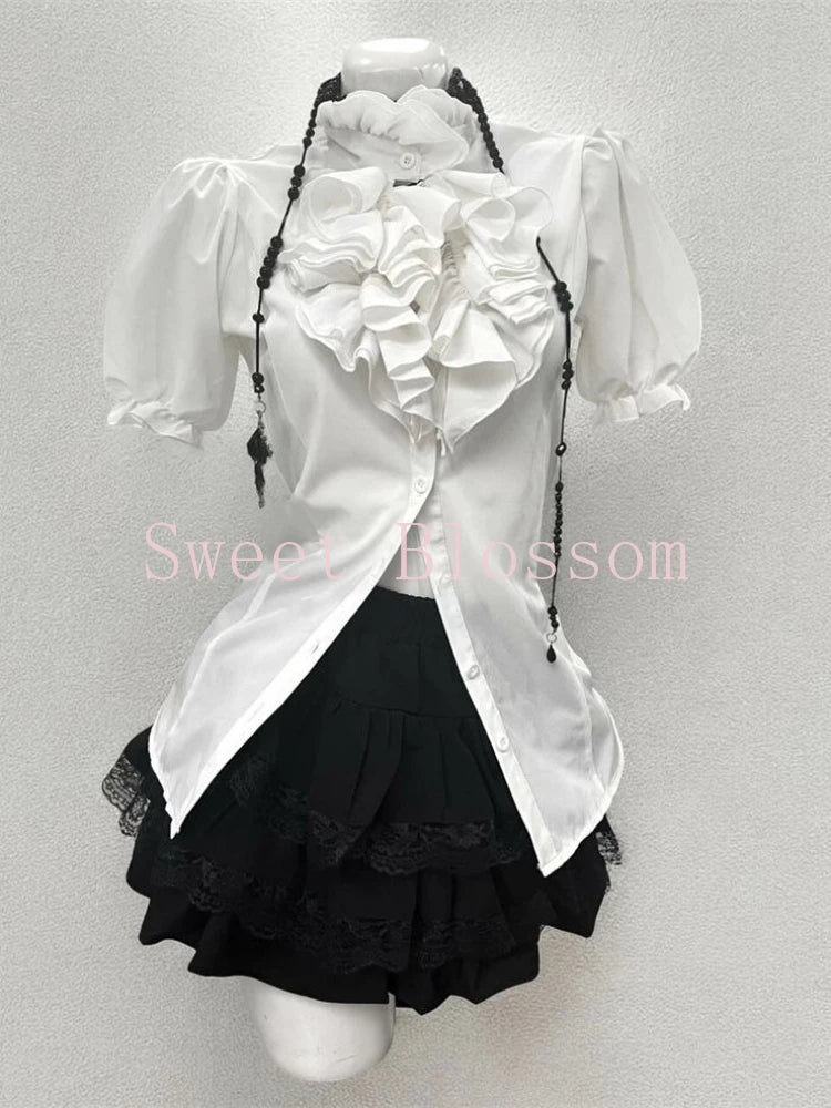 Harajuku Gothic Retro Chic Outfit Women Bubble Sleeve Shirt + Slim Vest + Short Cake Skirt New Vintage Fashion 3 Piece Suit 2025