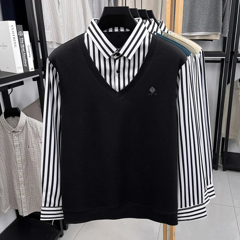 Mens Casual Fake Two Piece Sweater Shirt Striped Collar Long Sleeve V Neck Pullover For Business And Daily