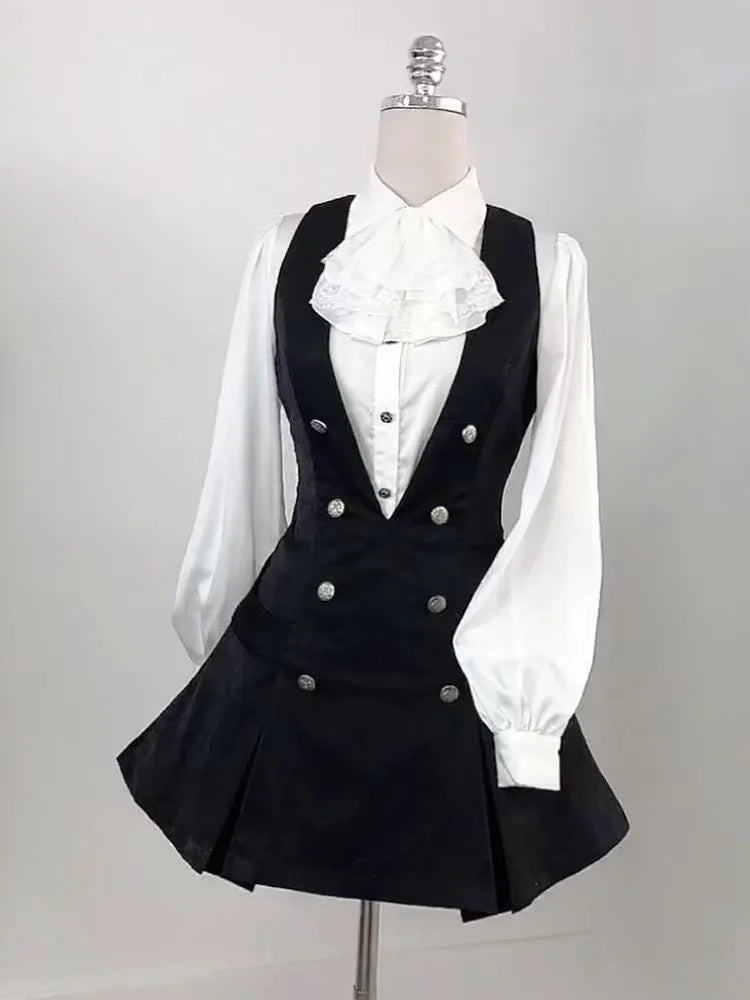 Harajuku Gothic Retro Chic Outfit Women Bubble Sleeve Shirt + Slim Vest + Short Cake Skirt New Vintage Fashion 3 Piece Suit 2025