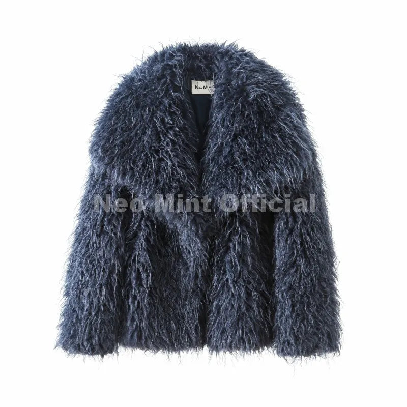 Neo Mint 2025 Winter Lulicore Fashion Brown Faux Fur Coat Women Chic Autumn Warm Fluffy Sheep Fur Jacket Big Fur Collar Overcoat