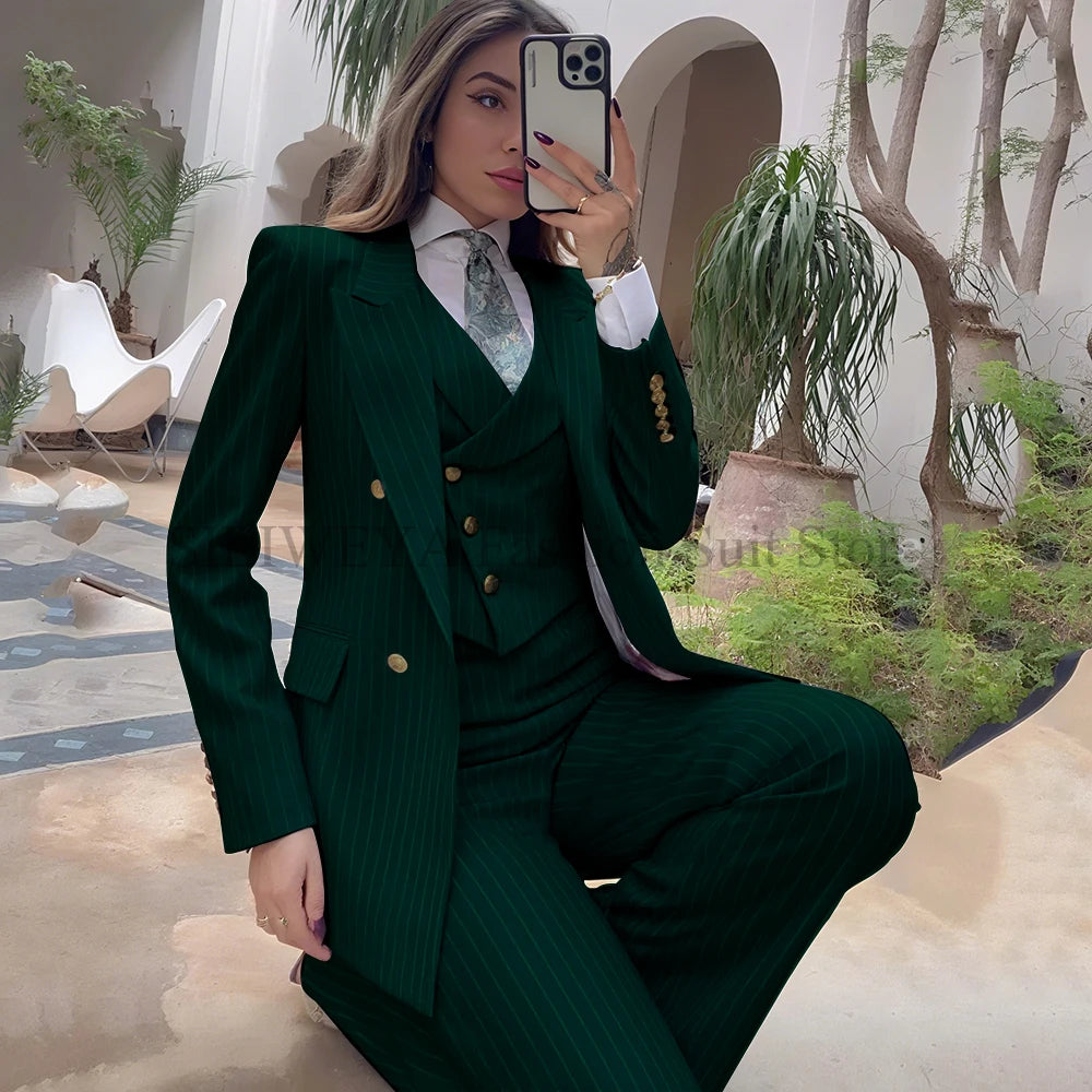 Luxury Navy Blue Striped  Women's Suits Single Breasted 3 Pieces Jacket Pants Vest Female Clothing Office Lady's Blazers Sets