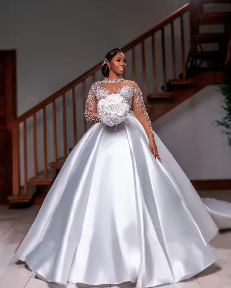 African Elegant White Satin Wedding Dress High Collar Lace Long Sleeve Bride Dress Luxury Beaded A-line Prom Customized