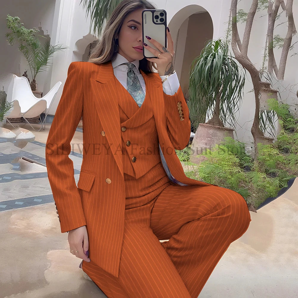 Luxury Navy Blue Striped  Women's Suits Single Breasted 3 Pieces Jacket Pants Vest Female Clothing Office Lady's Blazers Sets