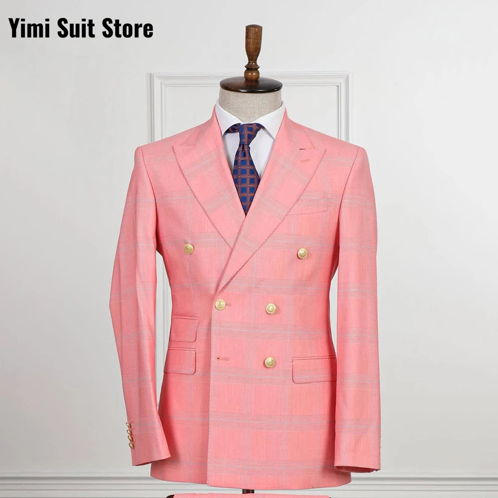Yimi Luxury Check Plaid Double Breasted Suit for Men - Tailored Groom Wedding & Business Party Formal Outfit (Jacket + Pants)