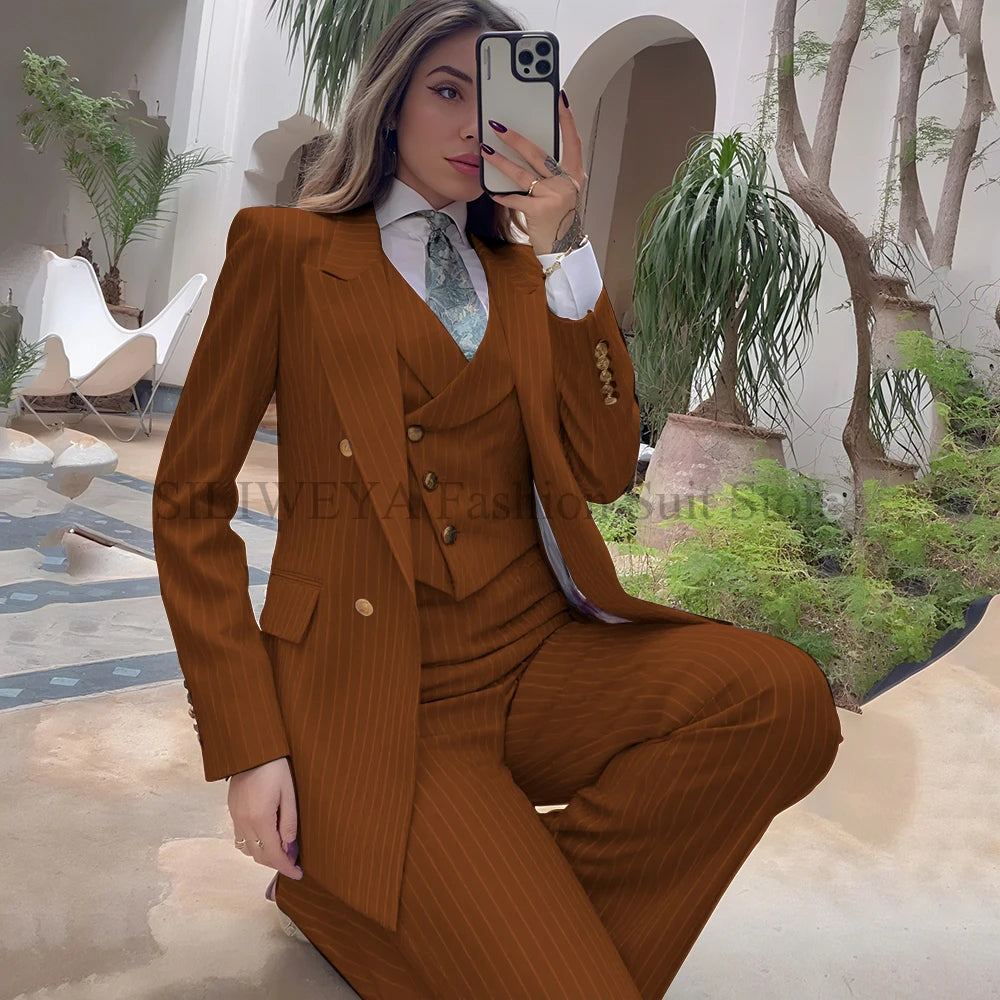 Luxury Navy Blue Striped  Women's Suits Single Breasted 3 Pieces Jacket Pants Vest Female Clothing Office Lady's Blazers Sets