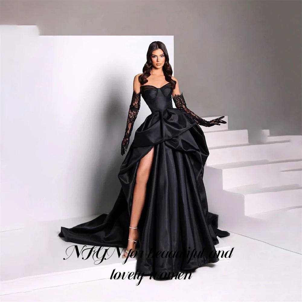 NFYN Sweetheart Black Prom Dress Side Split A Line robes de soirée Stain Formal Dress Sweep Train Evening Dress Customized