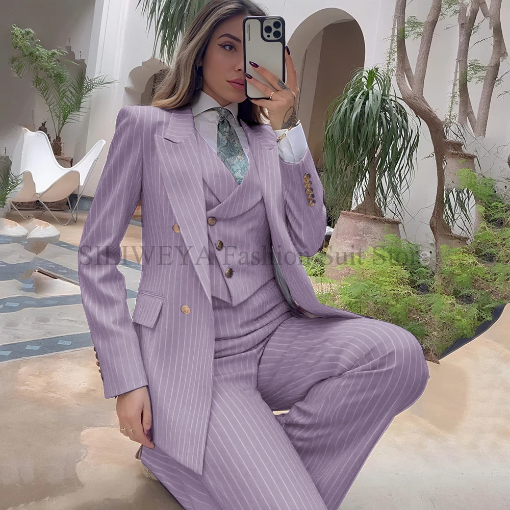 Luxury Navy Blue Striped  Women's Suits Single Breasted 3 Pieces Jacket Pants Vest Female Clothing Office Lady's Blazers Sets