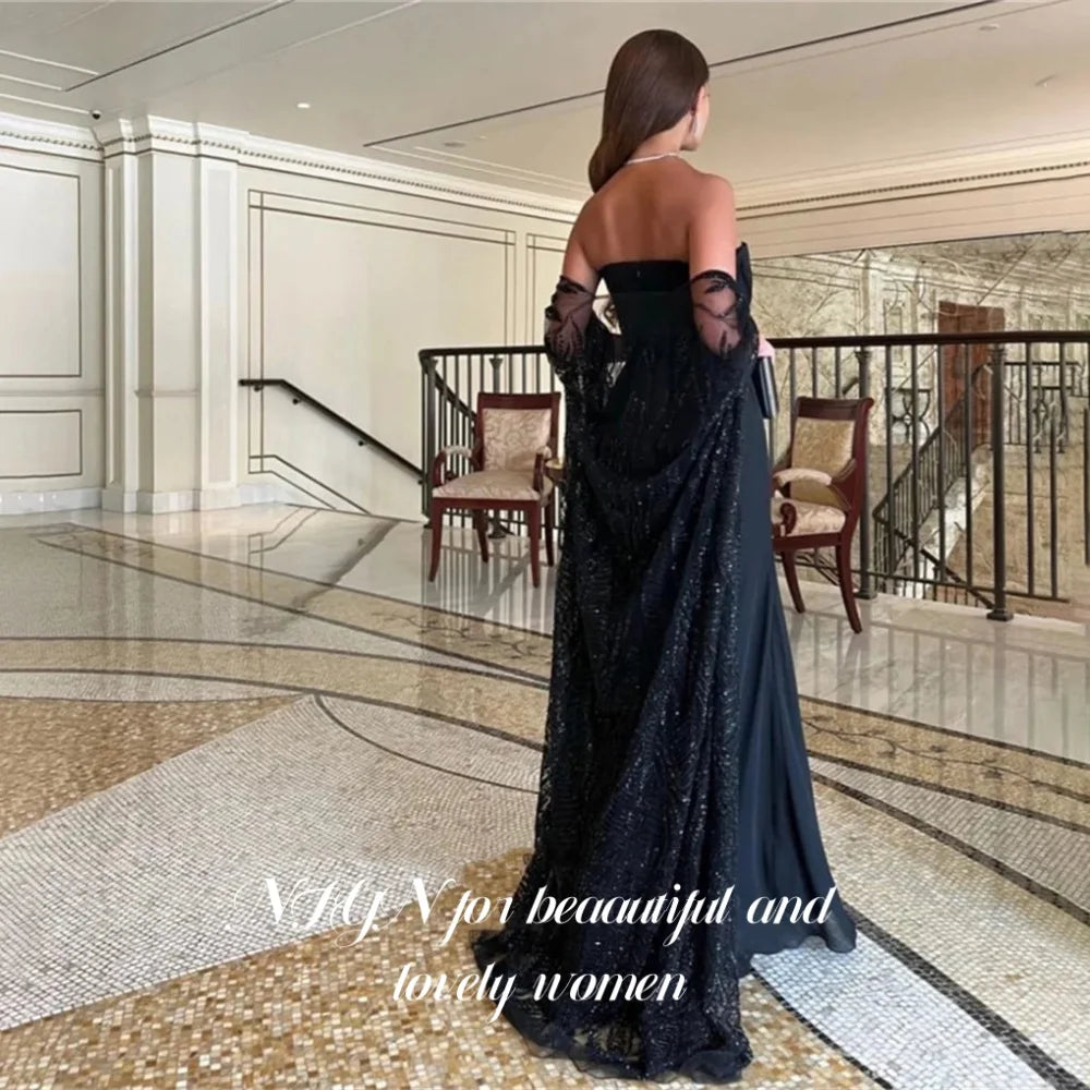 NFYN Black Elegant Prom Dress Strapless Sleeveless Prom Gown Lace Pleating Mermaid Evening Dresses for Woman 프롬 드레스 Customized