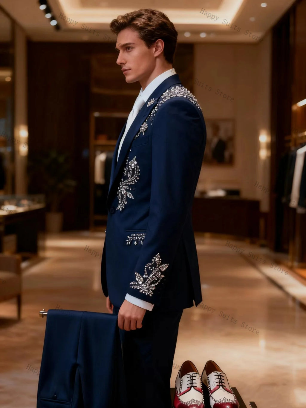 Crystals Blue Men Suit Set 2 Pcs Groom Blazer+Cotton Pants Trousers Formal Office Coat Wedding Tuxedos Customized Jacket Outfit