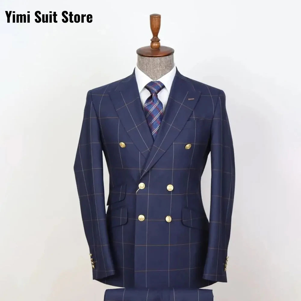 Yimi Luxury Check Plaid Double Breasted Suit for Men - Tailored Groom Wedding & Business Party Formal Outfit (Jacket + Pants)