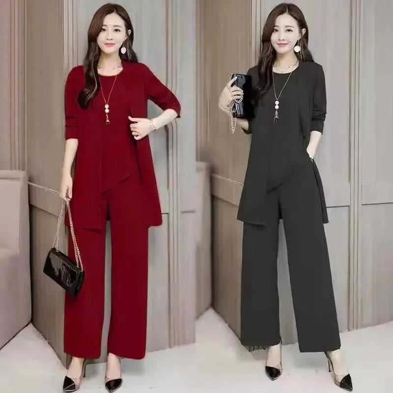 Three-Piece Suit For Women's 2025 New Long Windbreaker Cardigan Spring Autumn Temperament Female 3 PCS Vest Pant Sets Elegant