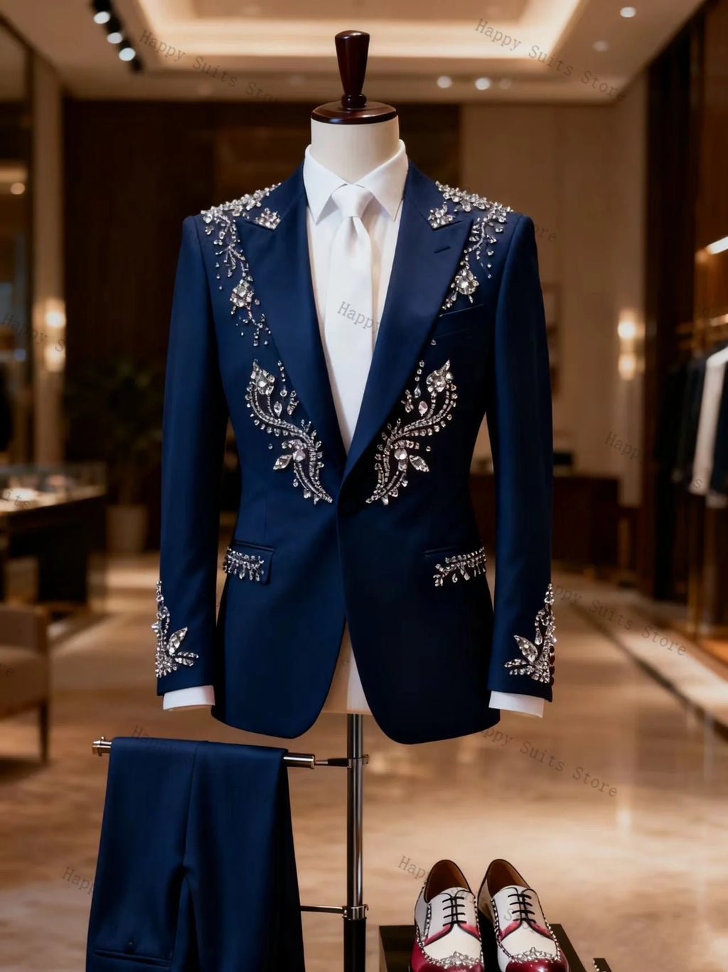 Crystals Blue Men Suit Set 2 Pcs Groom Blazer+Cotton Pants Trousers Formal Office Coat Wedding Tuxedos Customized Jacket Outfit