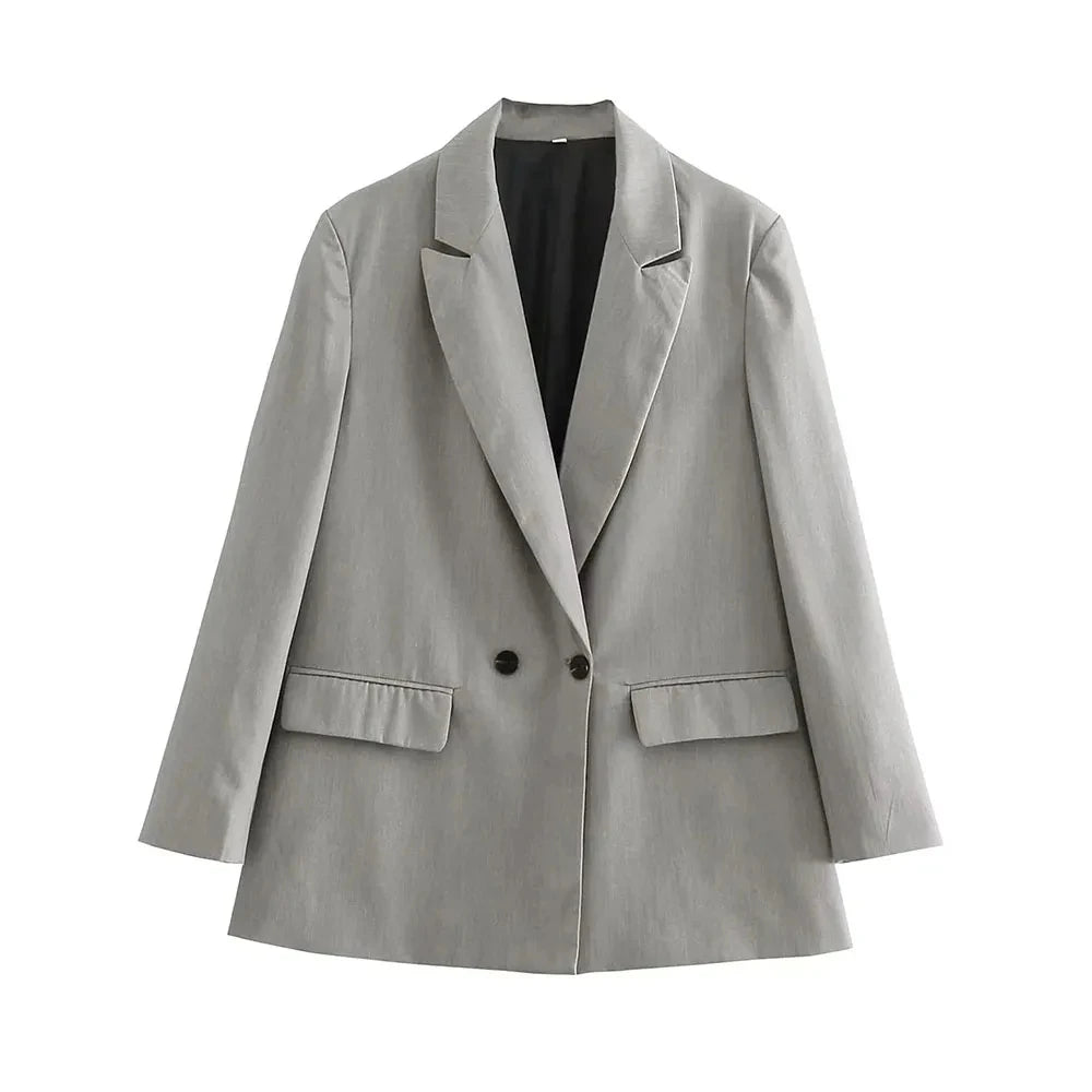 Willshela Women Fashion With Pockets Solid Double Breasted Blazer Vintage Long Sleeves Notched Neck Female Office Lady Outfits