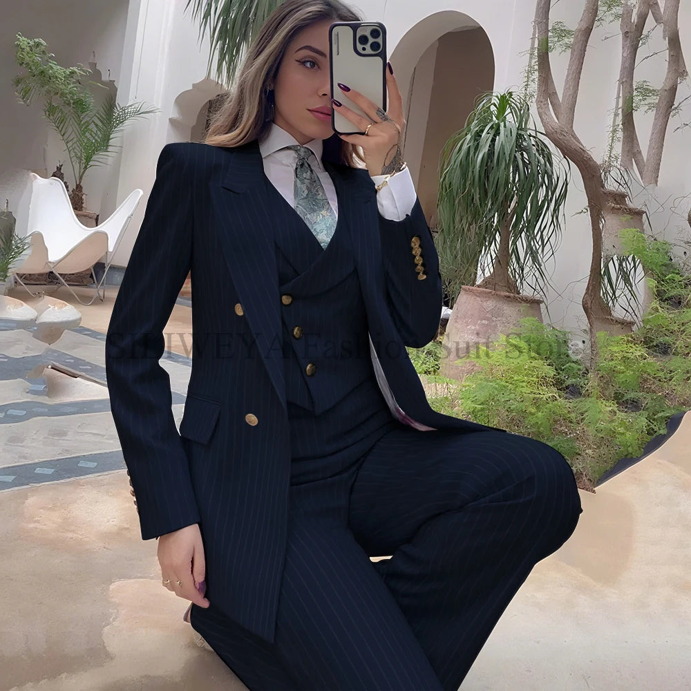 Luxury Navy Blue Striped  Women's Suits Single Breasted 3 Pieces Jacket Pants Vest Female Clothing Office Lady's Blazers Sets