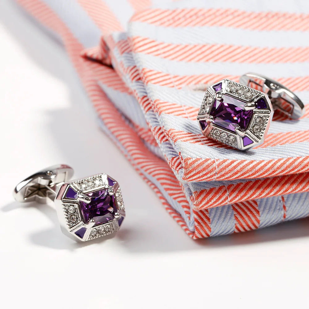 Fashion Men's Cufflinks Light Luxury Set with Amethyst Crystal Shirt Sleeve Button Studs Wedding Business Party Clothing Jewelry