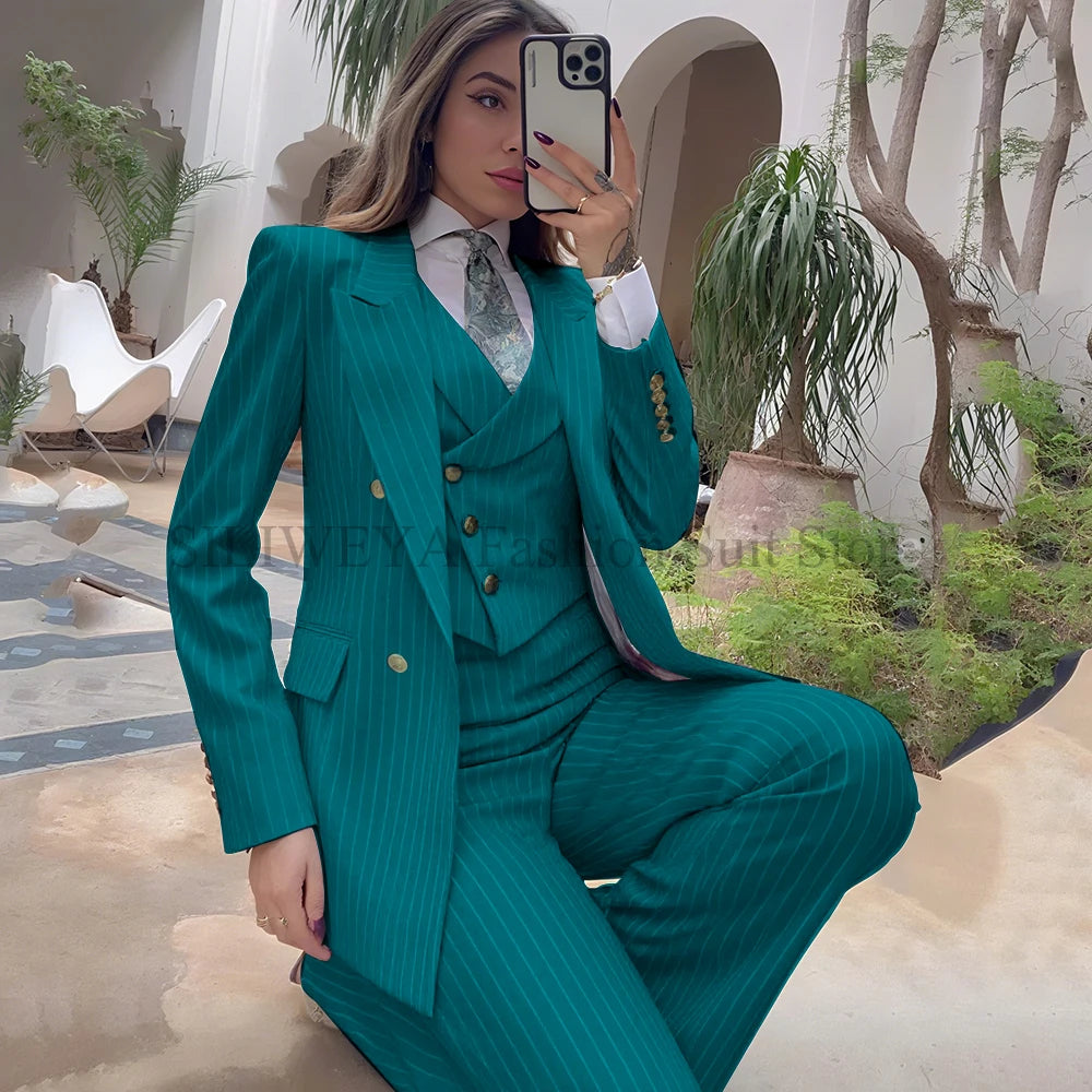 Luxury Navy Blue Striped  Women's Suits Single Breasted 3 Pieces Jacket Pants Vest Female Clothing Office Lady's Blazers Sets
