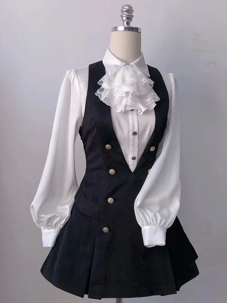 Harajuku Gothic Retro Chic Outfit Women Bubble Sleeve Shirt + Slim Vest + Short Cake Skirt New Vintage Fashion 3 Piece Suit 2025