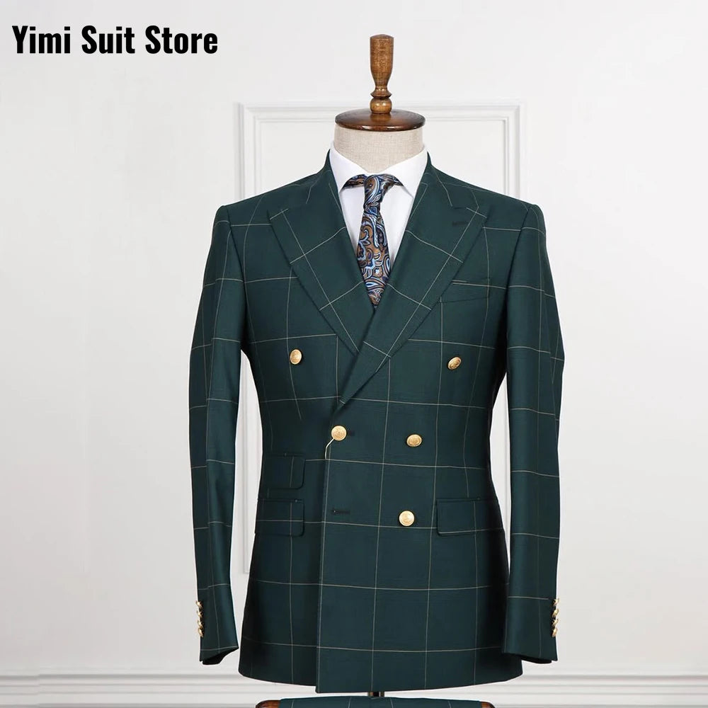 Yimi Luxury Check Plaid Double Breasted Suit for Men - Tailored Groom Wedding & Business Party Formal Outfit (Jacket + Pants)