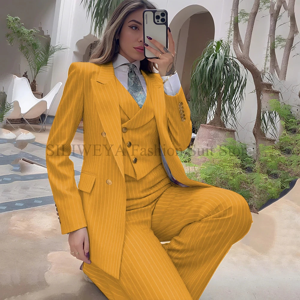 Luxury Navy Blue Striped  Women's Suits Single Breasted 3 Pieces Jacket Pants Vest Female Clothing Office Lady's Blazers Sets