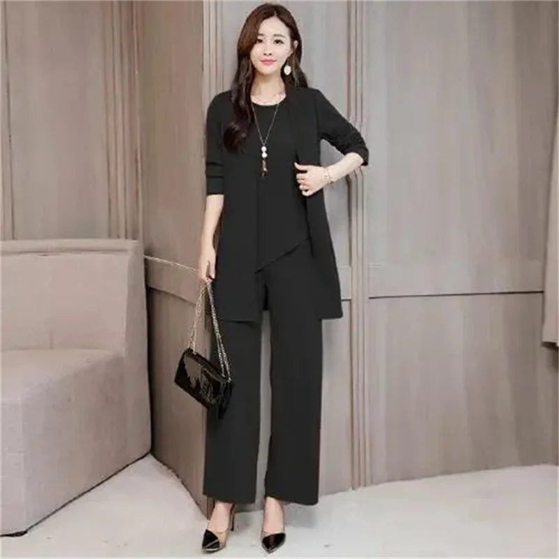 Three-Piece Suit For Women's 2025 New Long Windbreaker Cardigan Spring Autumn Temperament Female 3 PCS Vest Pant Sets Elegant